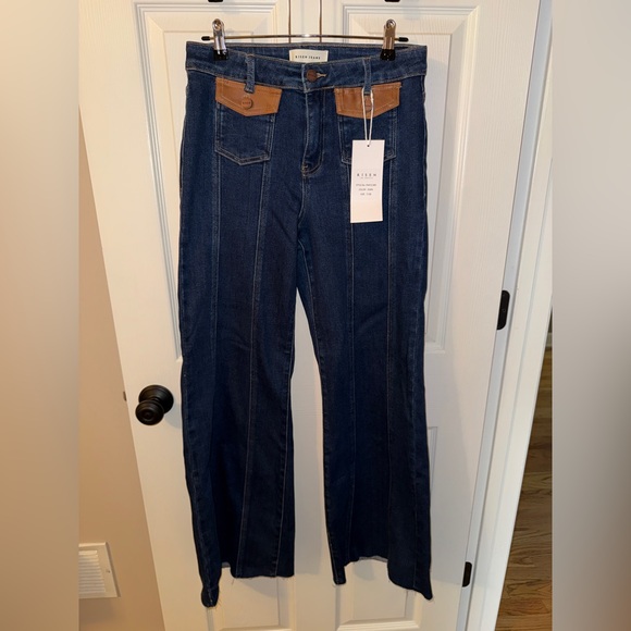 Risen Los Angeles Denim - RISEN Women’s  Dark Blue Flare Jeans with Tan Accents